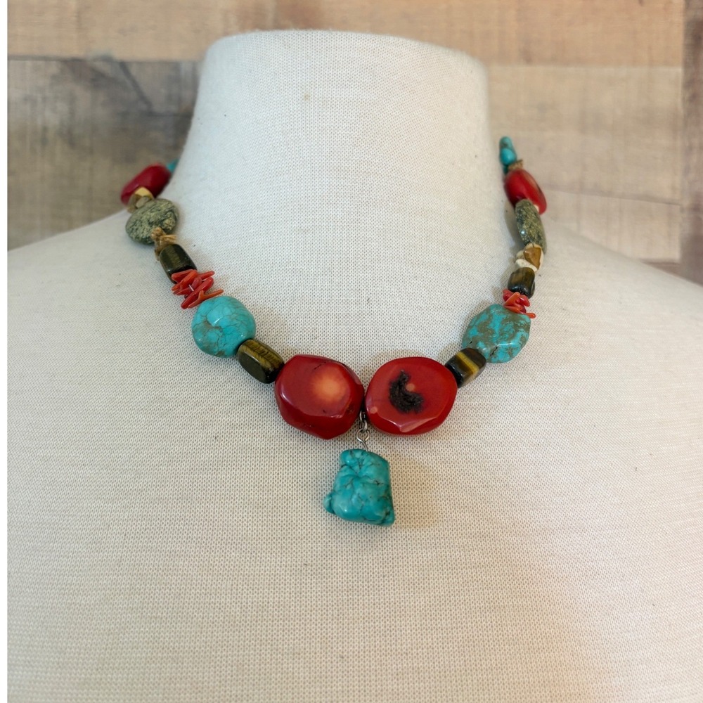 Handmade Mixed Stone Chunky Bead Necklace Turquoise Coral Tigers Eye 19in